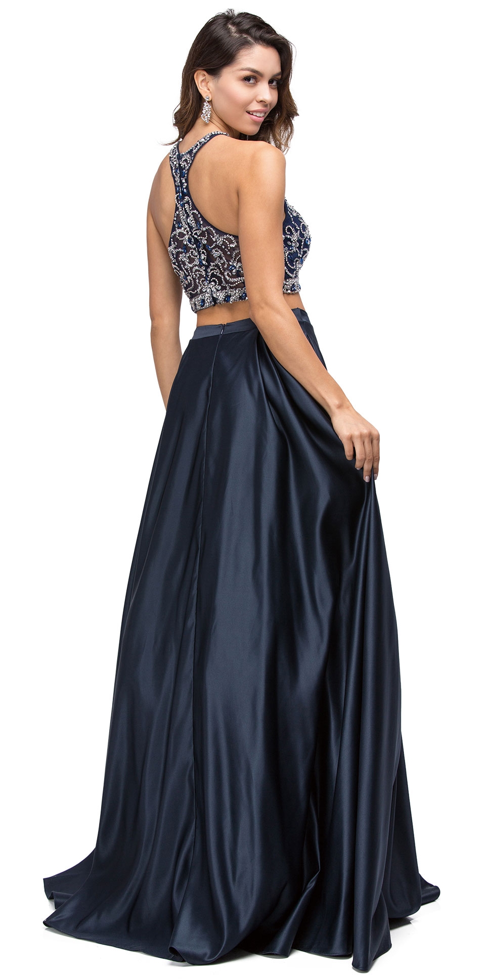 Beaded Racer Back Top Satin Long Prom Two-piece Dress — back