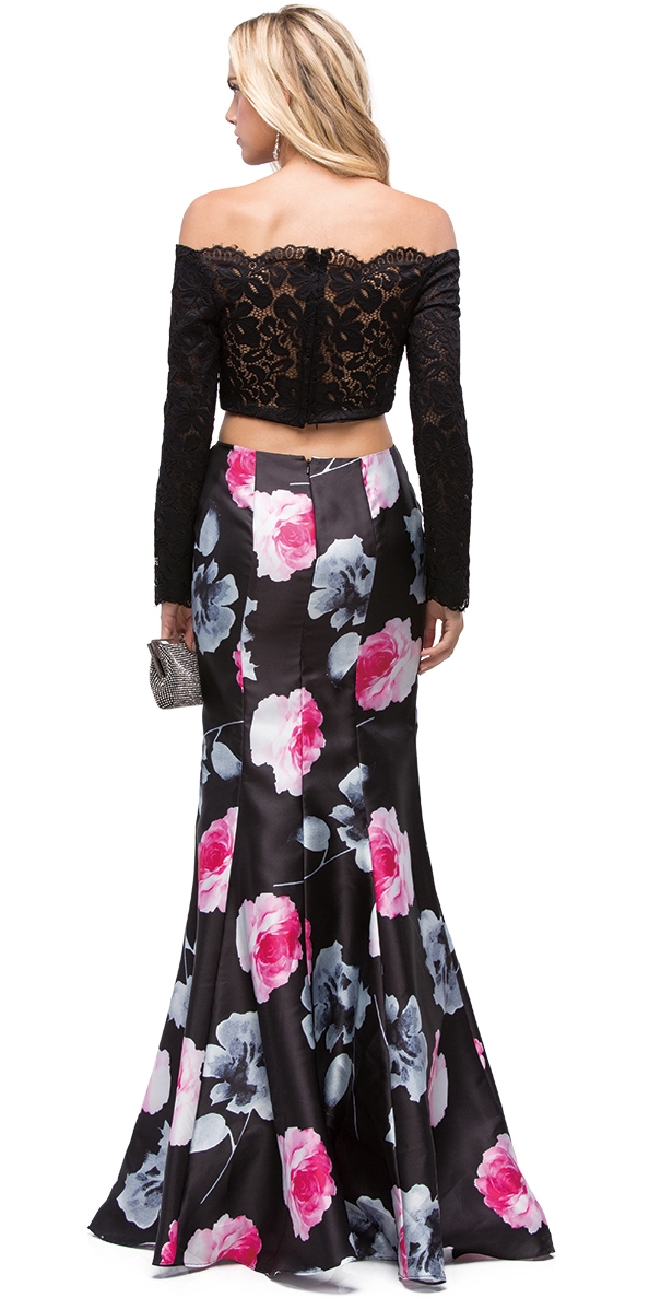 Off-the-Shoulder Lace Top Floral Skirt Two Piece Prom Dress — back in Black