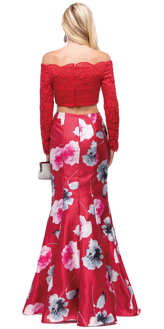 Off-the-Shoulder Lace Top Floral Skirt Two Piece Prom Dress — back