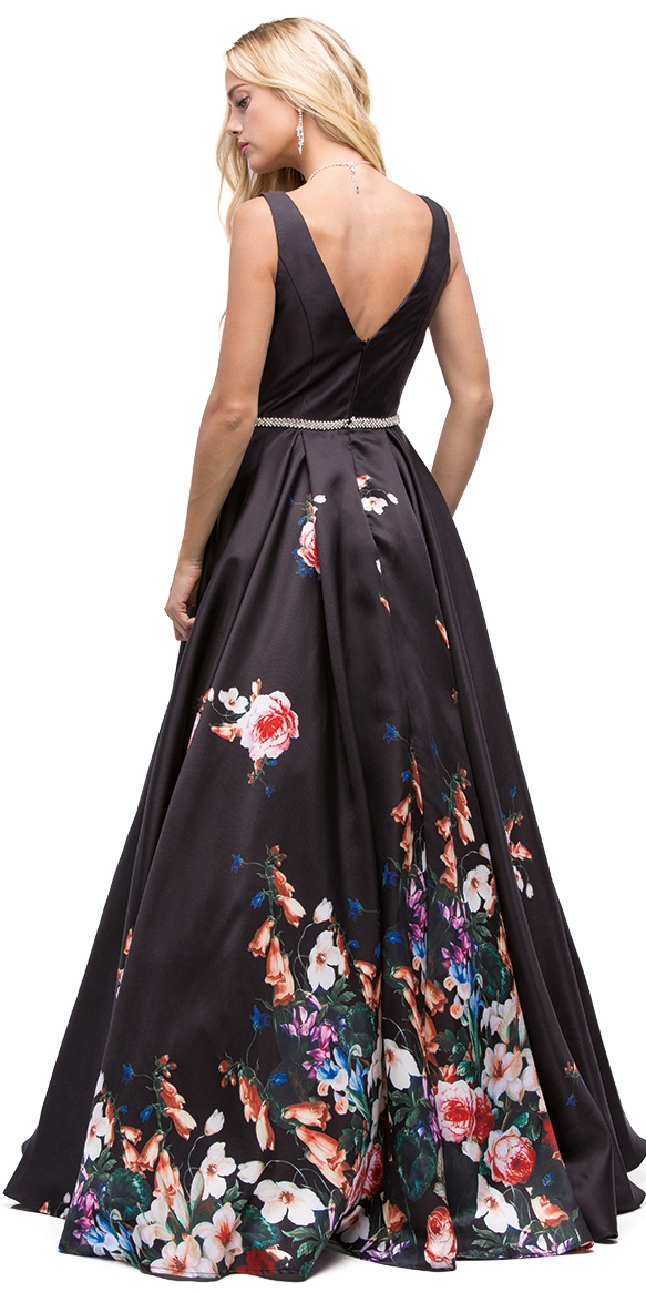 V-Neck Floral Print Rhinestones Waist A-line Long Prom Dress — back