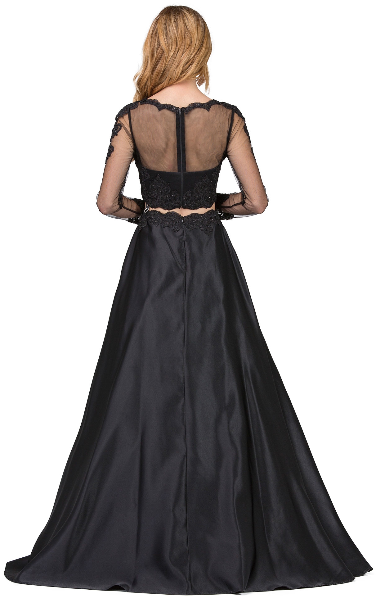 Long Sleeve Lace Top Satin Skirt Two Piece Prom Dress — back in Black