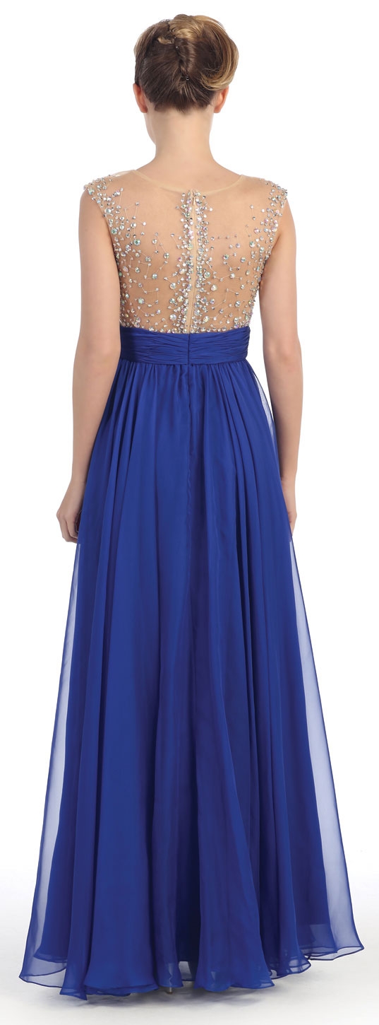 Bejeweled Mesh Bust Long Prom Pageant Dress — back in Royal Blue