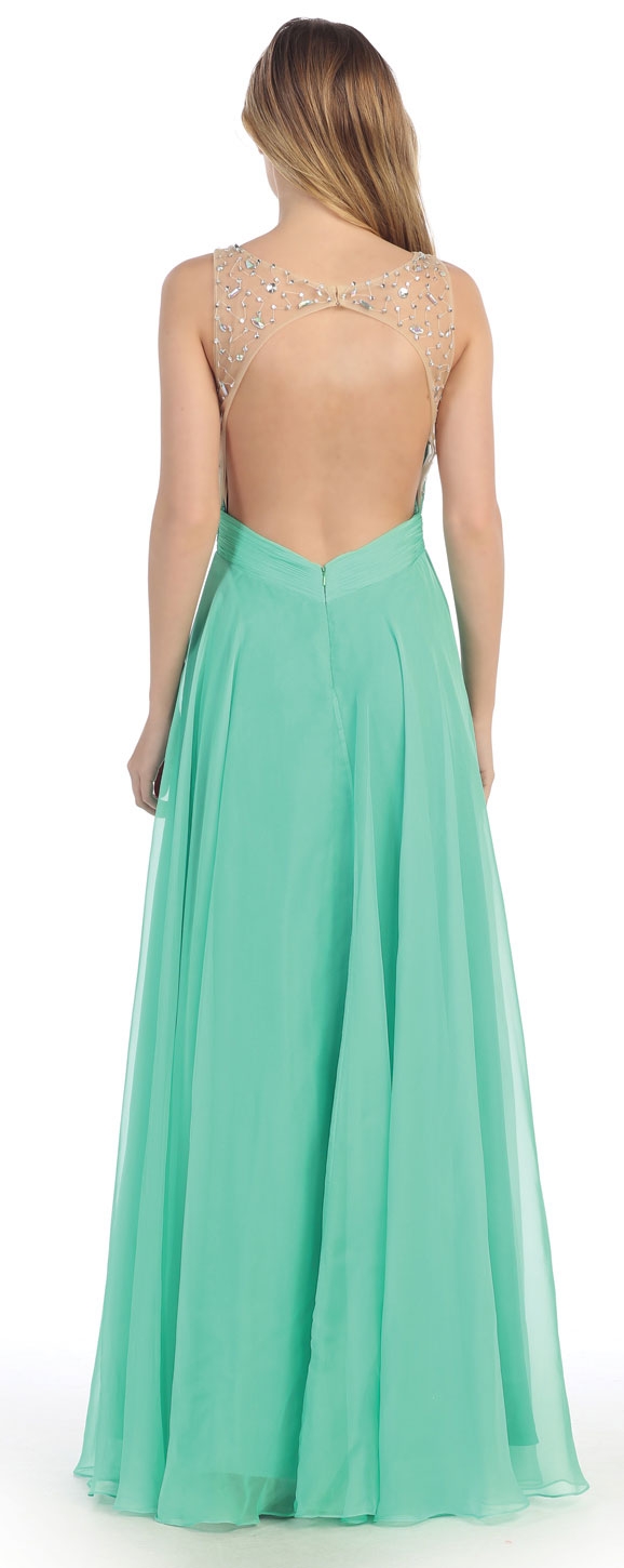 Rhinestones Mesh Bust Long Prom Pageant Dress — back