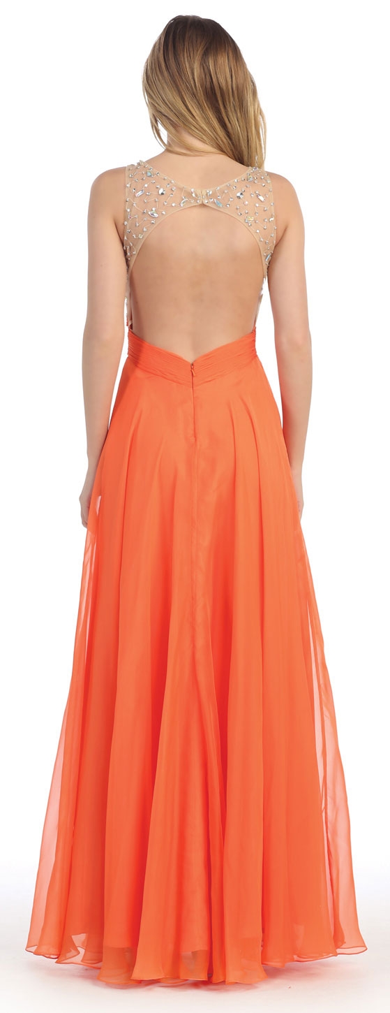 Rhinestones Mesh Bust Long Prom Pageant Dress — back in Orange