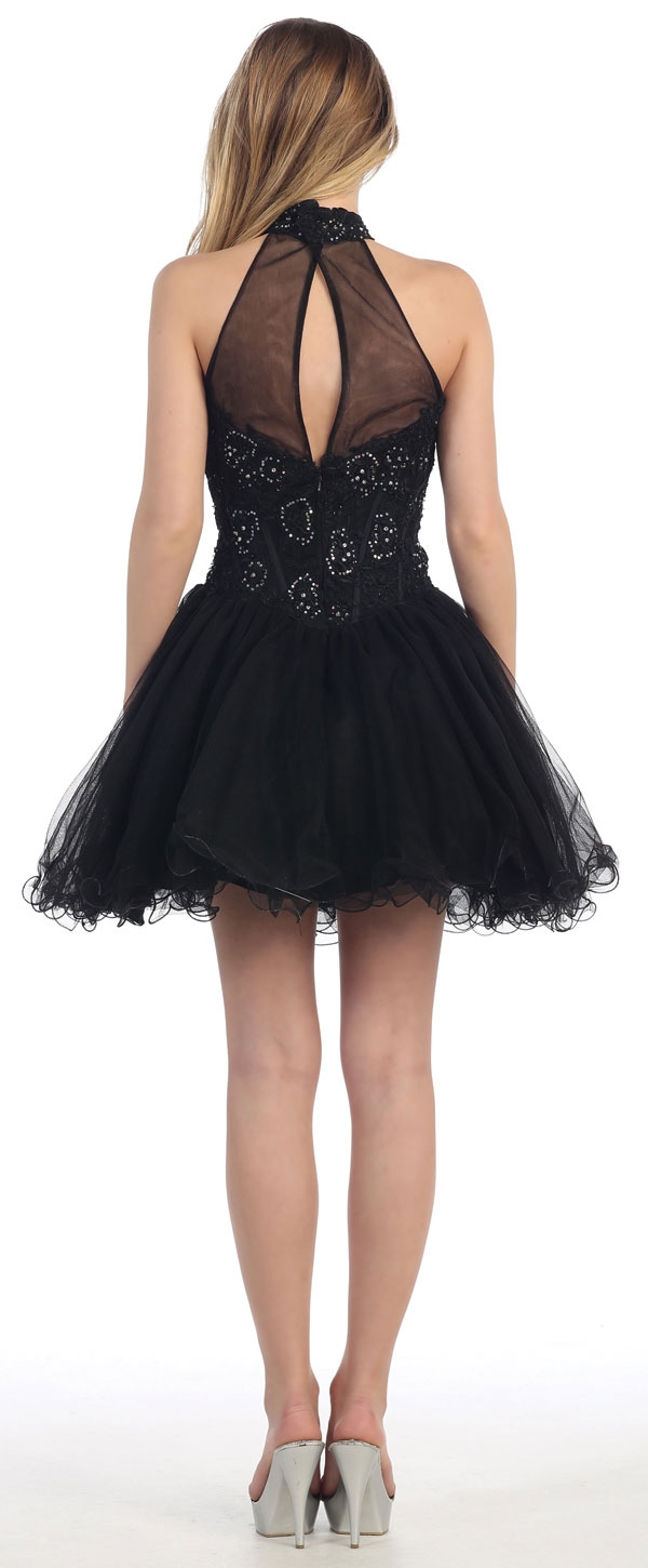 Halter Neck Lace Bodice Mesh Short Homecoming Party Dress — back