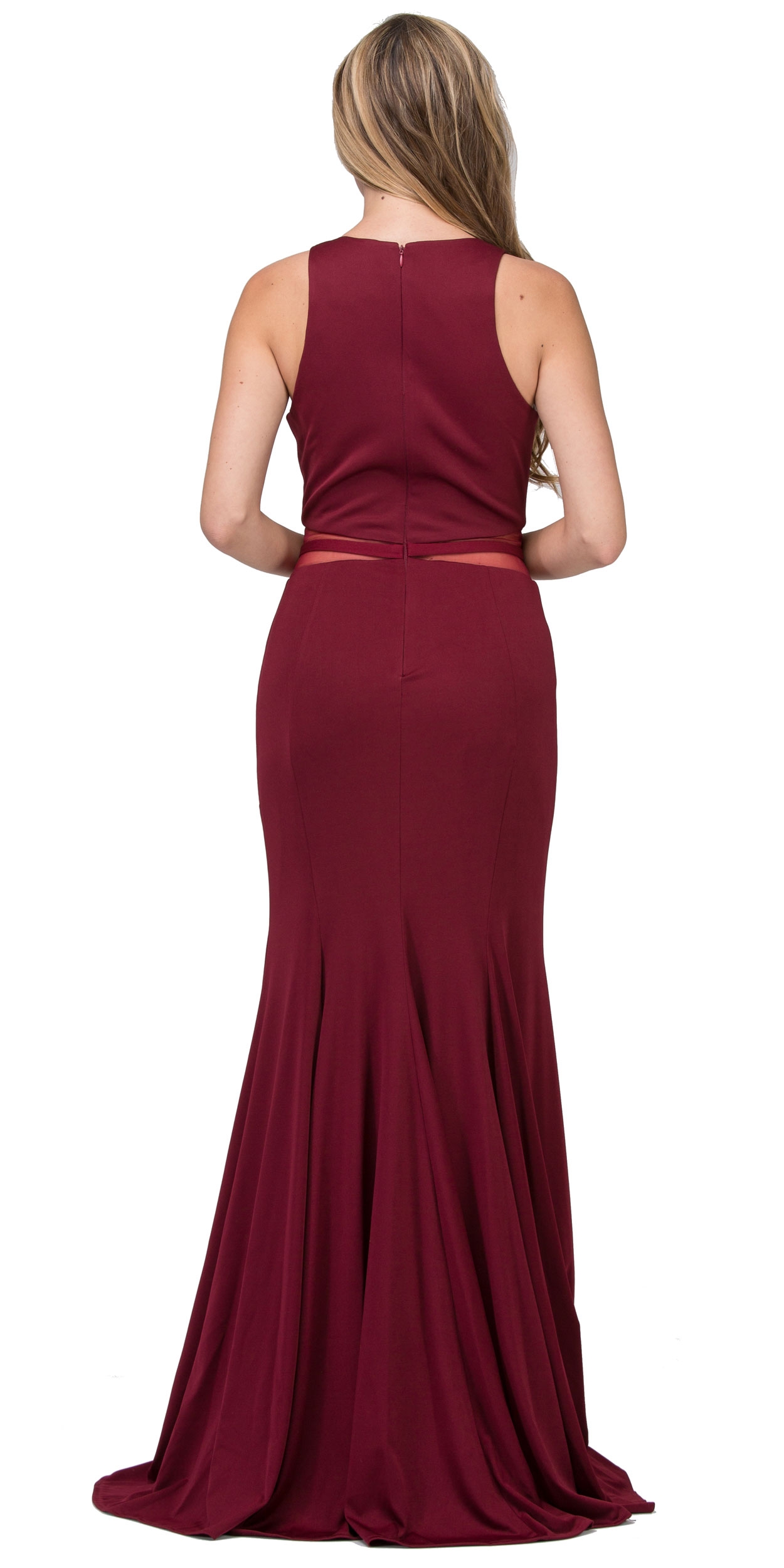 High Neck Color Block Mesh Insert Long Formal Evening Dress — back