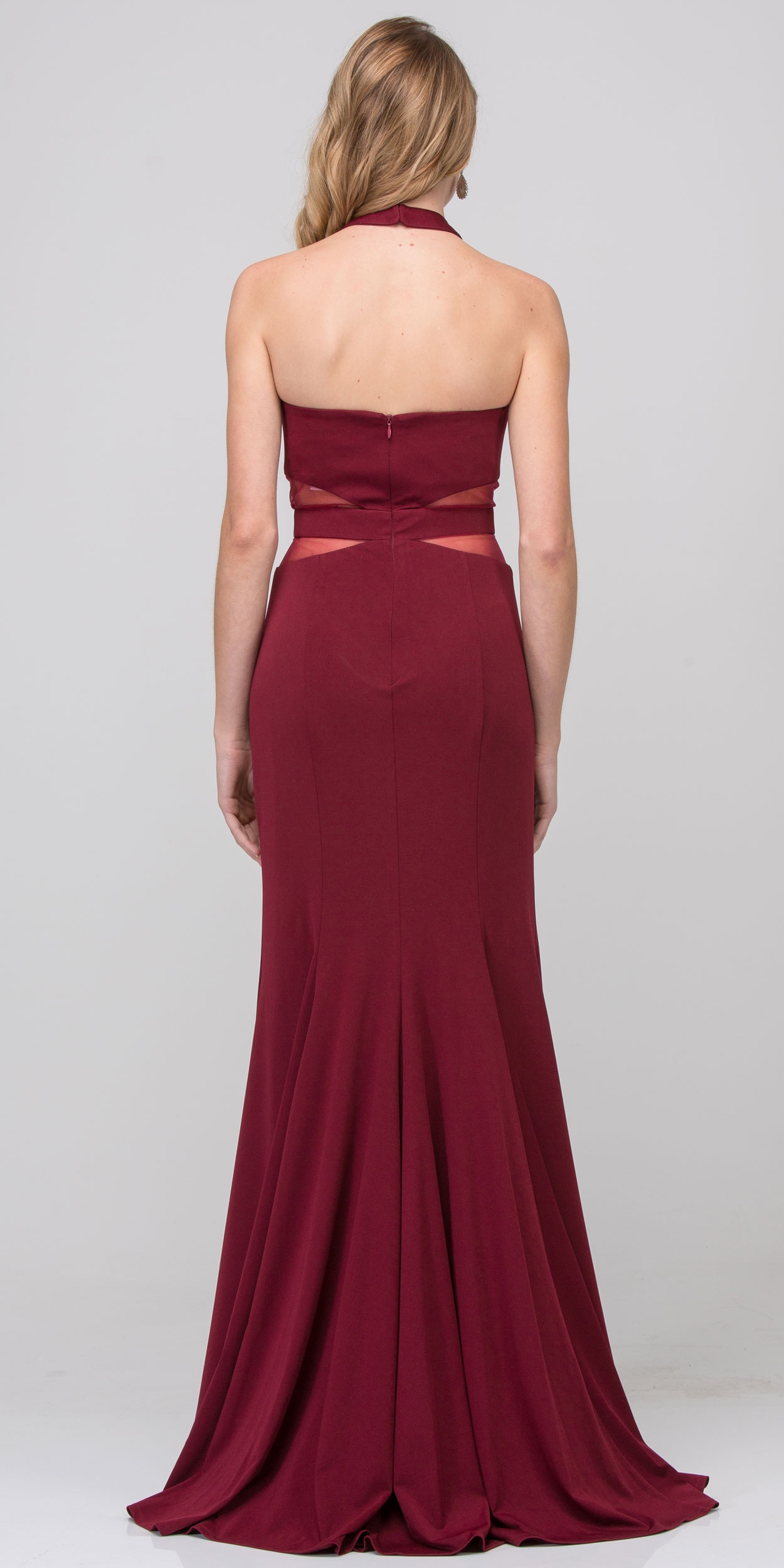Halter Neck Mesh Panels Front Slit Long Formal Prom Dress — back
