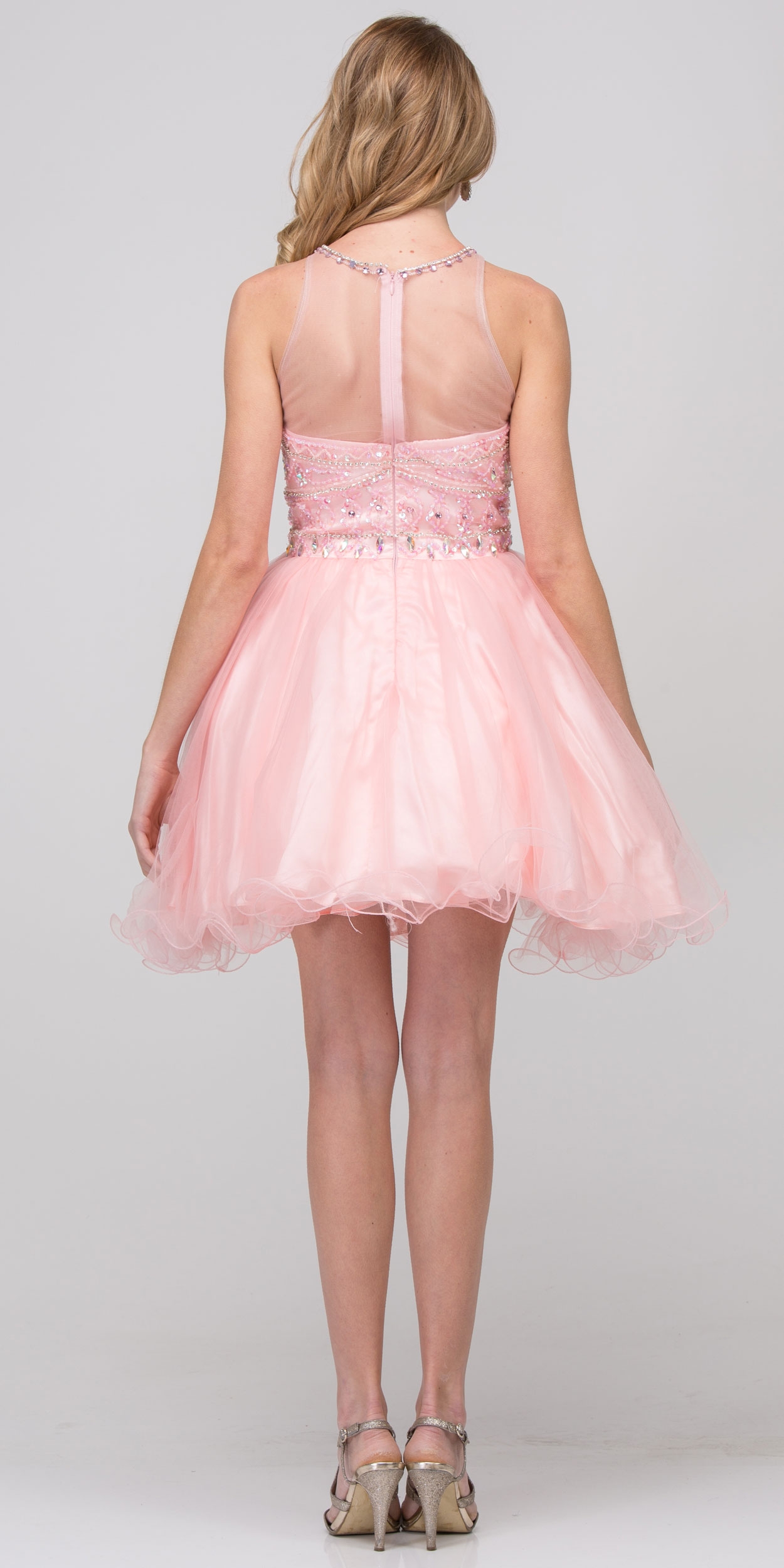 High Neck Bejeweled Bodice Mesh Short Homecoming Dress — back