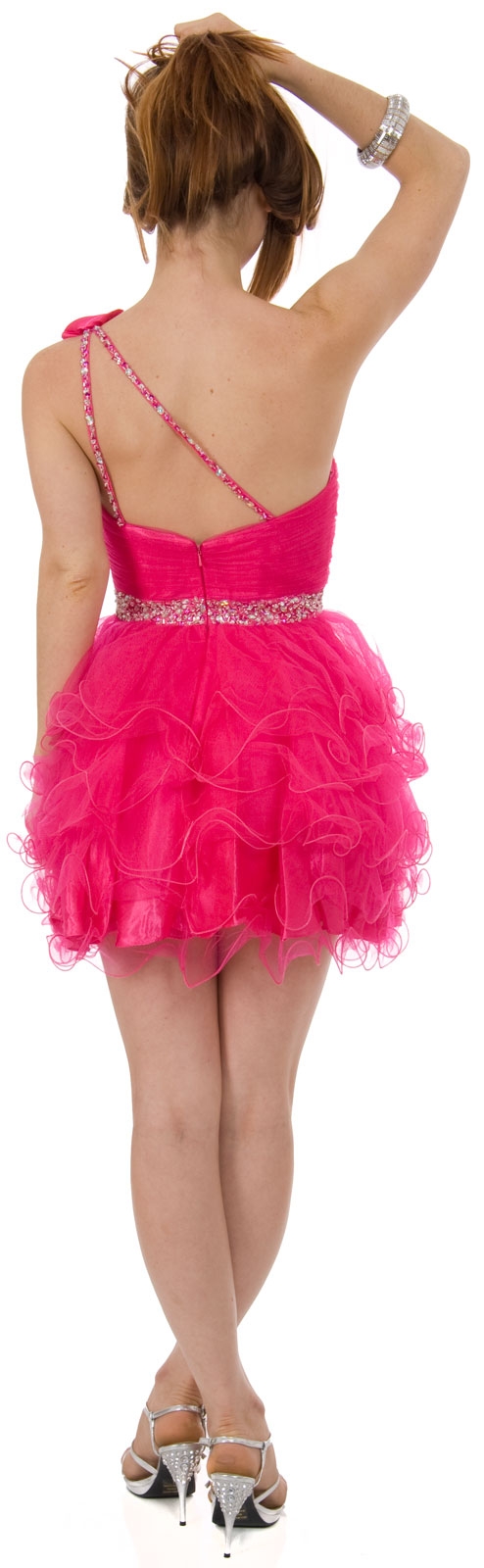 One Shoulder Tiered Skirt Mesh Short Prom Dress  — back in Fuchsia