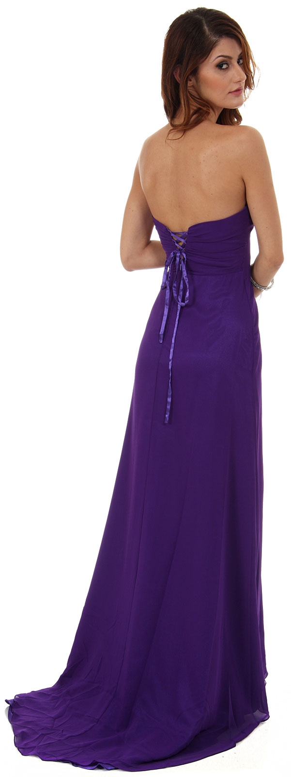 Strapless Long Bridesmaid Dress with Ruffled Side Slit  — back in Purple
