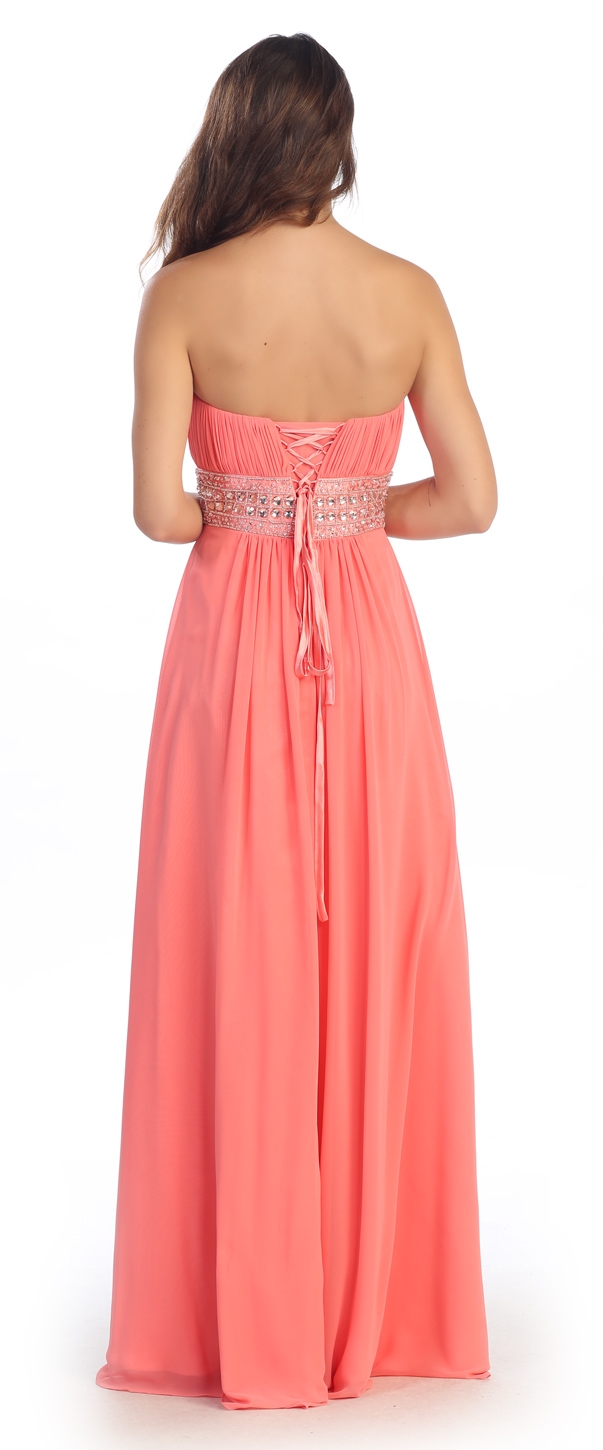 Strapless Beaded Waist Empire Cut Long Formal Dress  — back in Coral