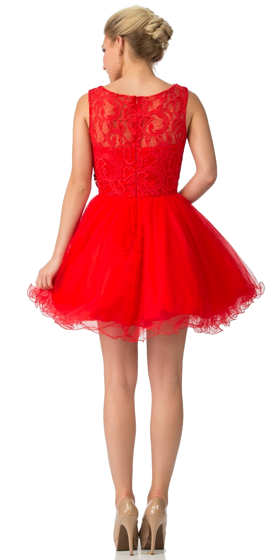 Beaded Lace Bust Mesh Babydoll Skirt Short Dress — back