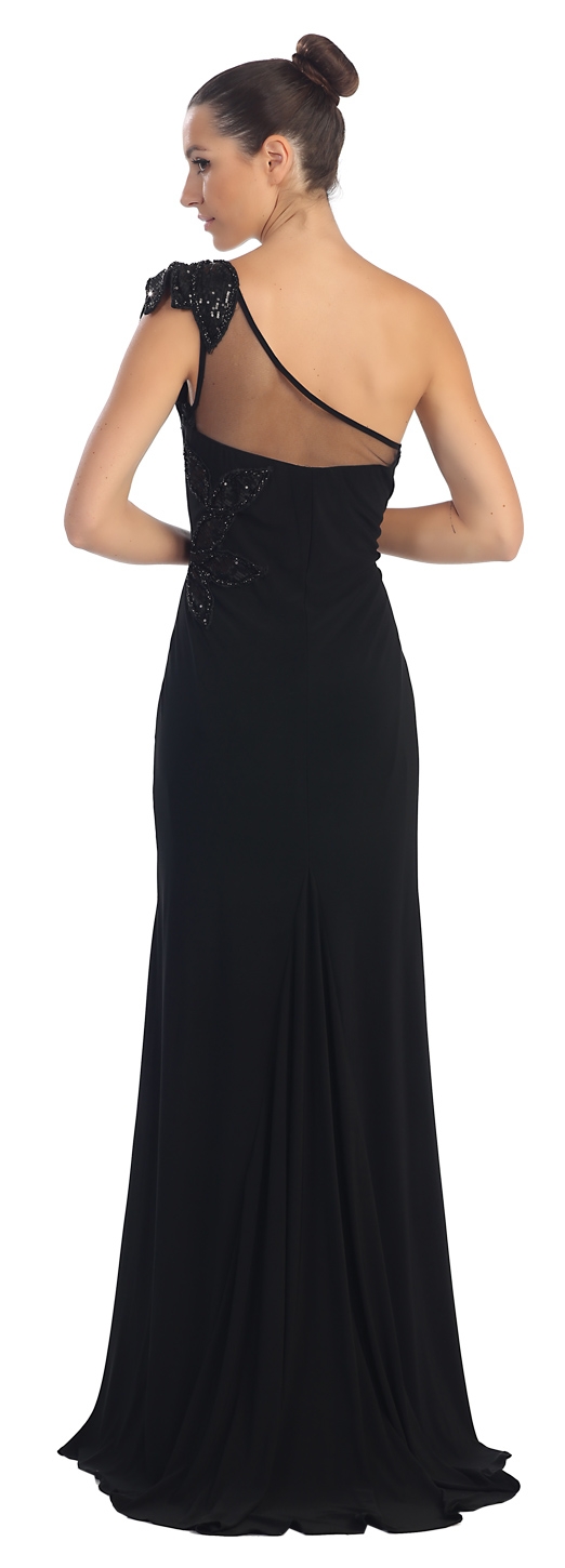 One Shoulder Sequined Leaves Floor Length Formal Prom Dress — back