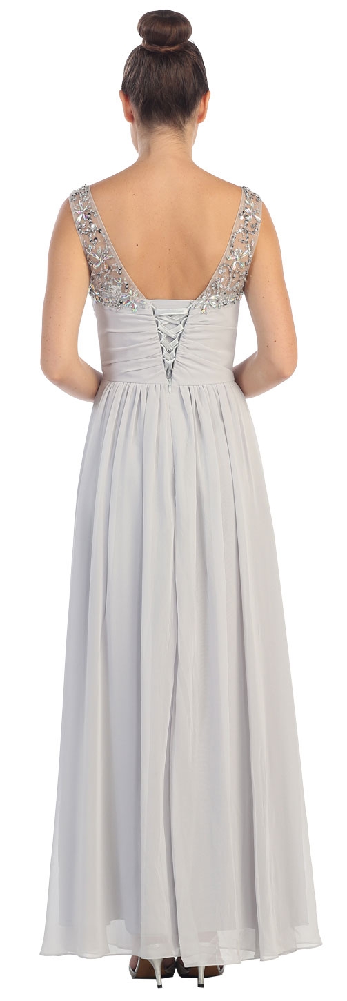 V-Neck Bejeweled Bust & Shoulders Long Formal Evening Dress — back in Silver