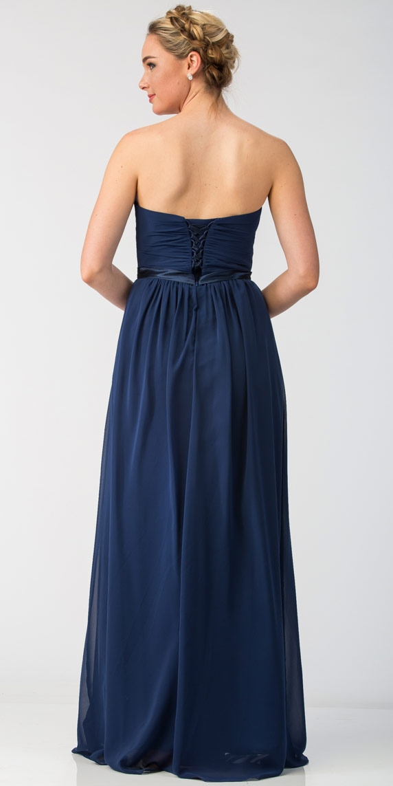 Strapless Pleated Bust Bow Waist Long Bridesmaid Dress — back