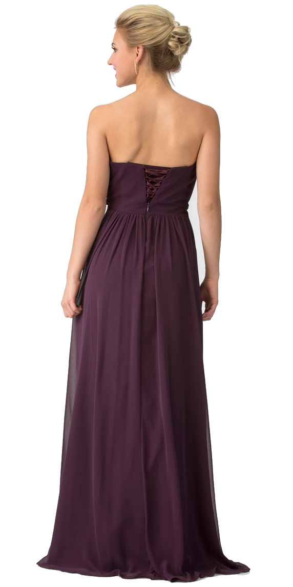 Strapless Shirred Bust Ruffled Skirt Long Bridesmaid Dress — back in Eggplant