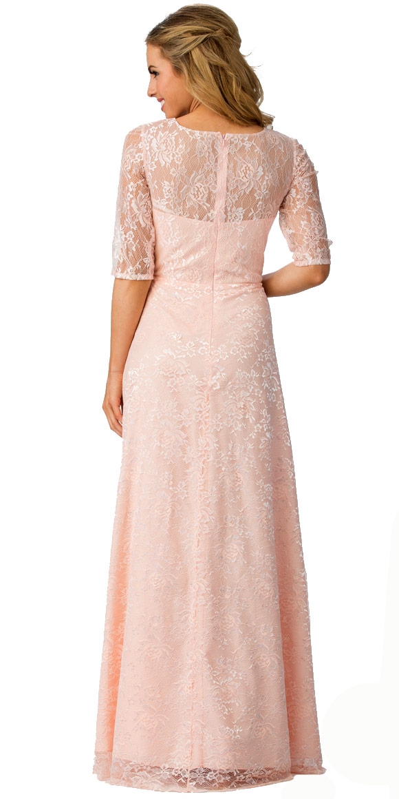 Round Neck Half Sleeves Floral Mesh Long Bridesmaid Dress — back
