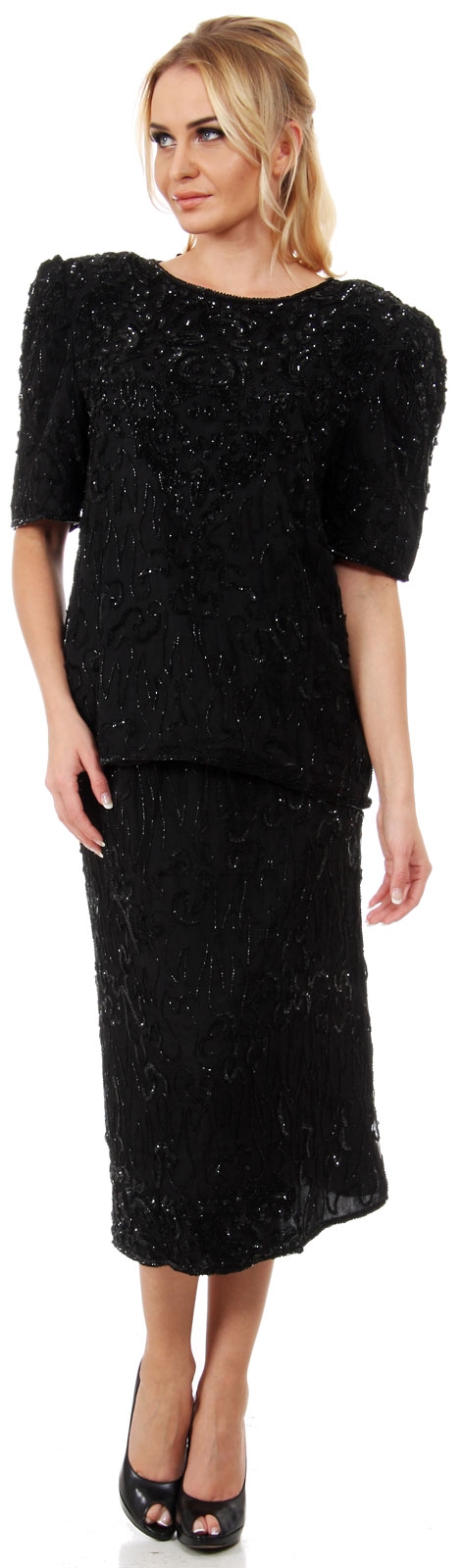 Half Sleeves Two Piece Beaded Blouse & Skirt Set