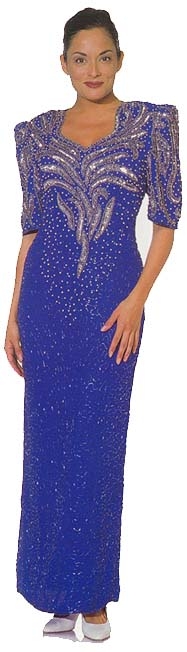 Half Sleeved Full Length Beaded Gown — in Royal/Silver