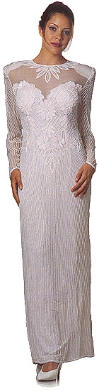 See Thru Bodice and Long Sleeved Beaded Dress — in White color