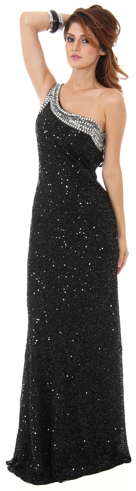 One Shoulder Bare Back Sequined Long Formal Prom Dress — in alternative picture