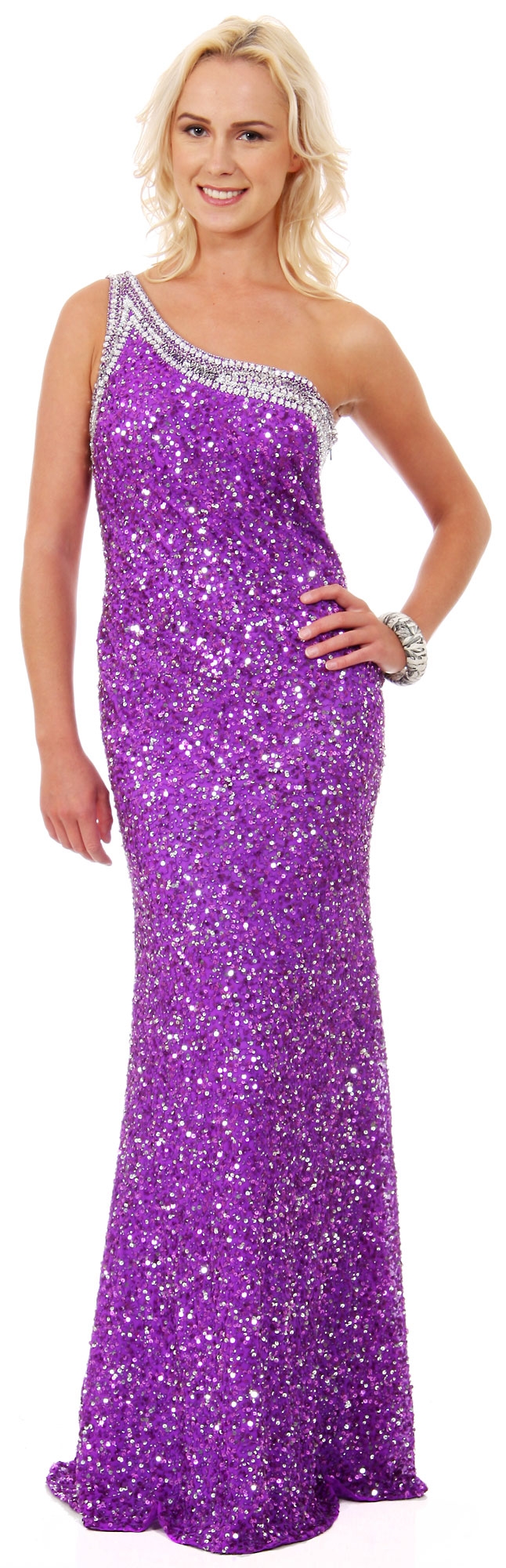One Shoulder Bare Back Sequined Long Formal Prom Dress