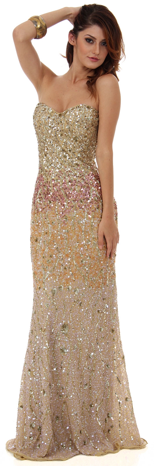 Strapless Exquisitely Sequined Long Formal Prom Dress  — in Gold