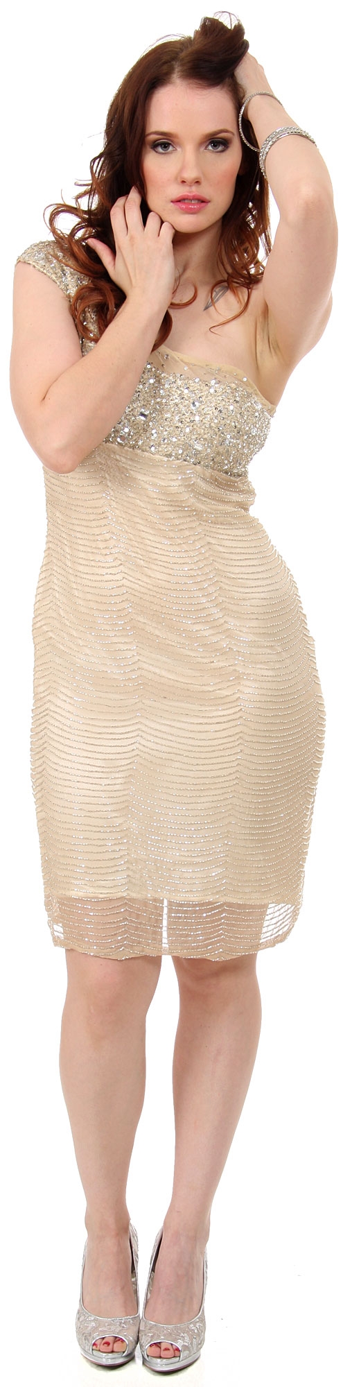 One Shoulder Exquisite Beading Short Formal Prom Dress  — in Gold