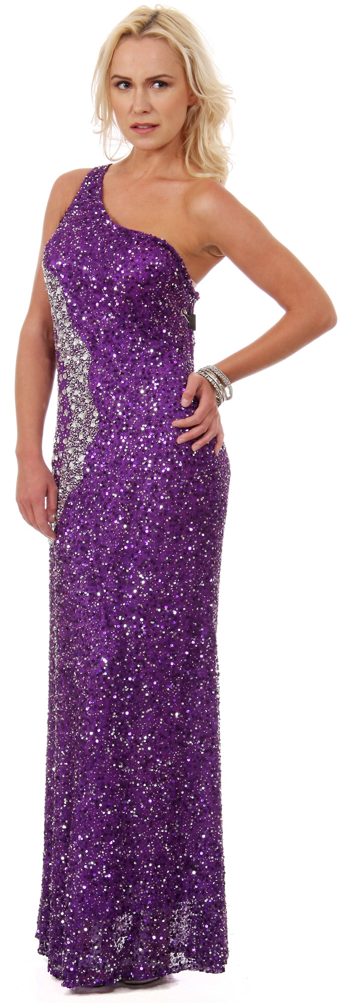 Long Sequined Formal Prom Dress with Rhinestones Waist