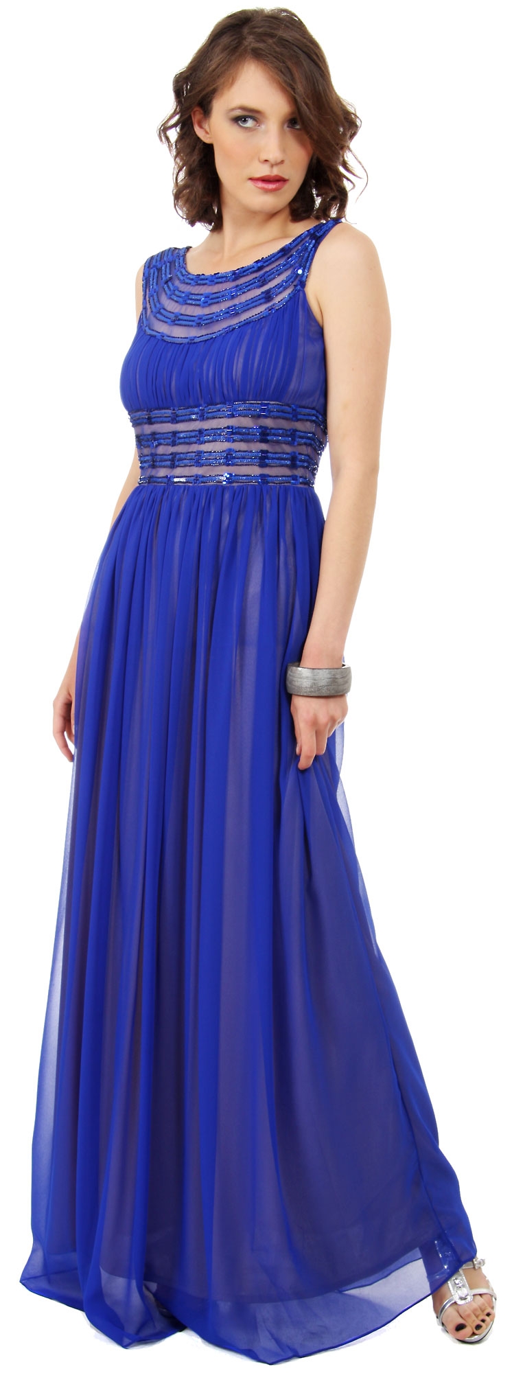 Round Neck Empire Cut Sequined Floor Length Prom Dress — in Royal Blue/Gold