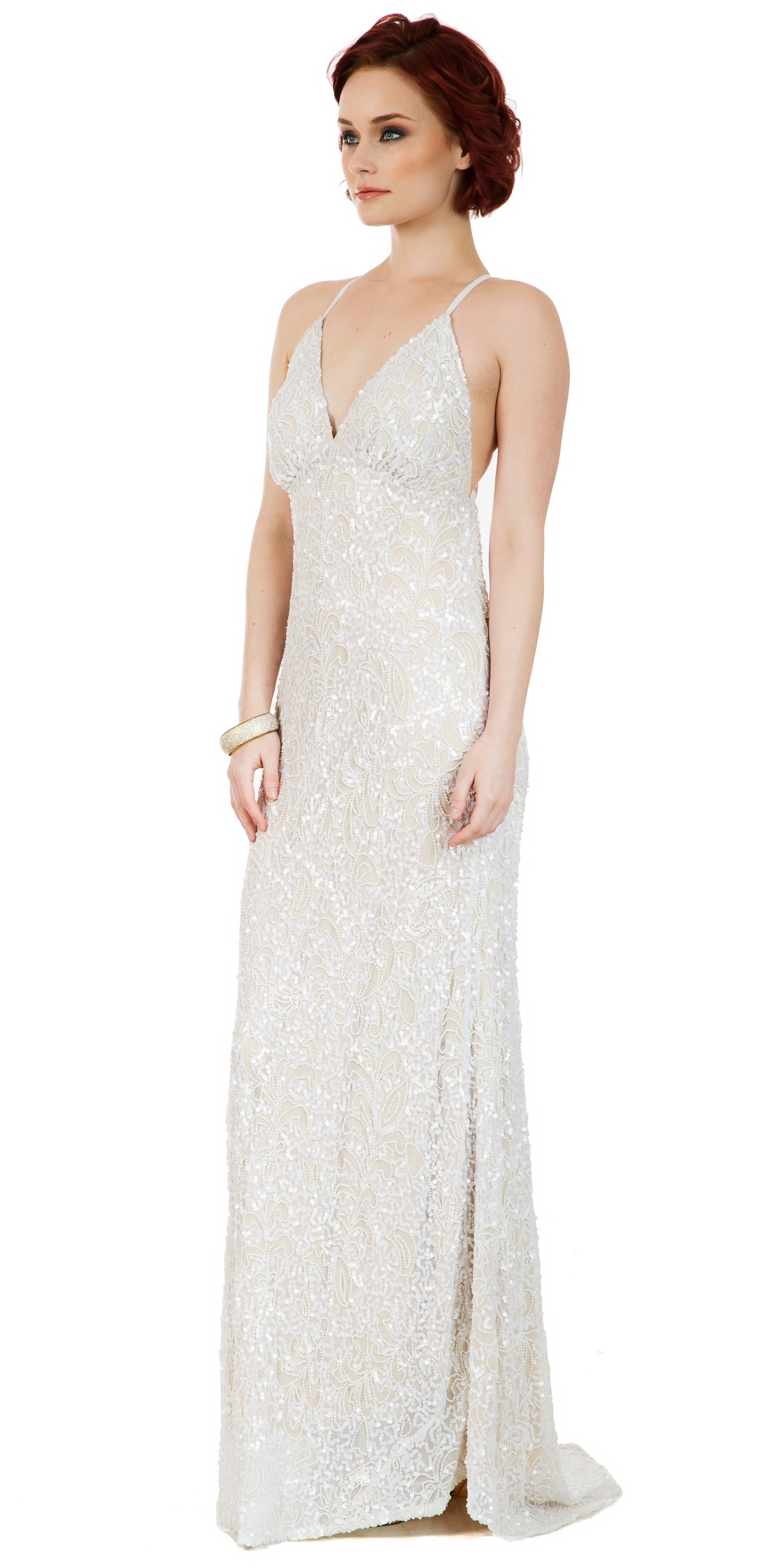 Spaghetti Straps V-Neck Sequins Long Formal Prom Dress — in Ivory/Gold