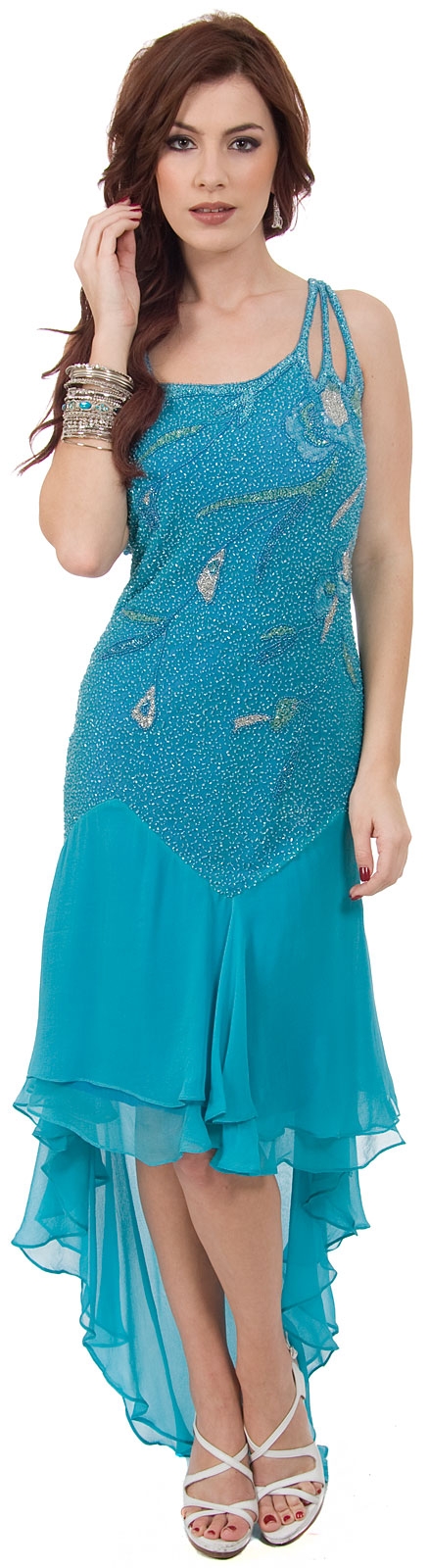 Artistic Mesh Back Beaded Party Dress with Asymmetric skirt — in alternative picture