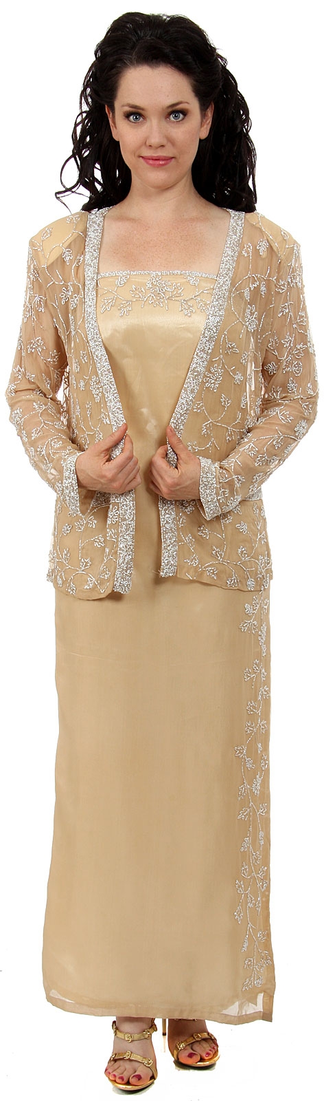 2 piece Beaded Formal Dress and Jacket — in Taupe