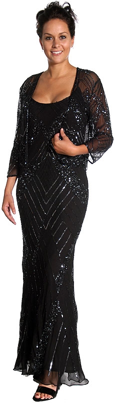 Artistic Sequined Pattern Formal Dress with Jacket — in Black color