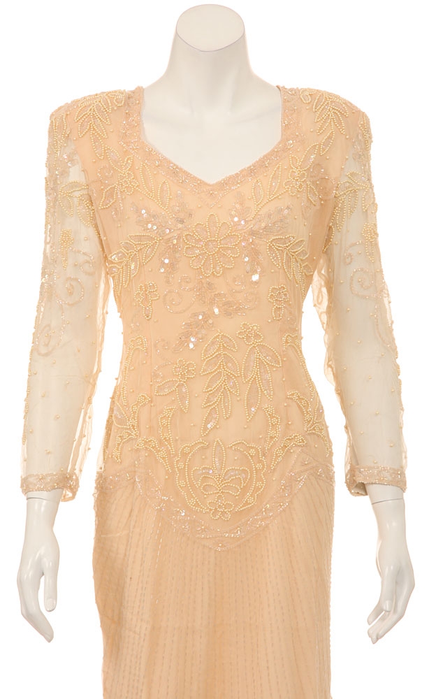Daisy Formal Beaded Full Sleeves Gown — in closeup