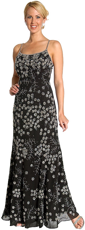 Miniature Flowers Beaded Spaghetti Straps Formal Dress — in Black