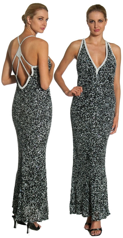 V-Top Fully Beaded Formal Dress — in Black/White color