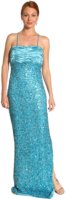 Satin Bust Sequined Long Formal Dress with Exquisite Back — in Blue/Silver