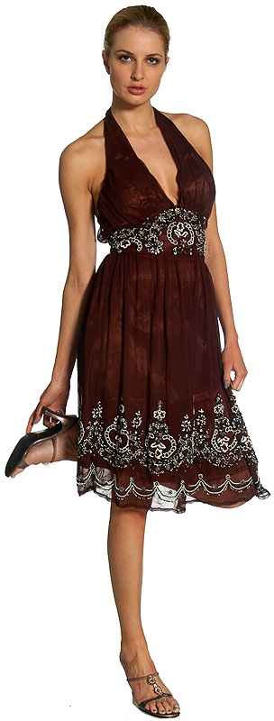 Halter Neck Silk Beaded Cocktail Dress — in Brown