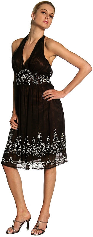 Halter Neck Silk Beaded Cocktail Dress — in Black