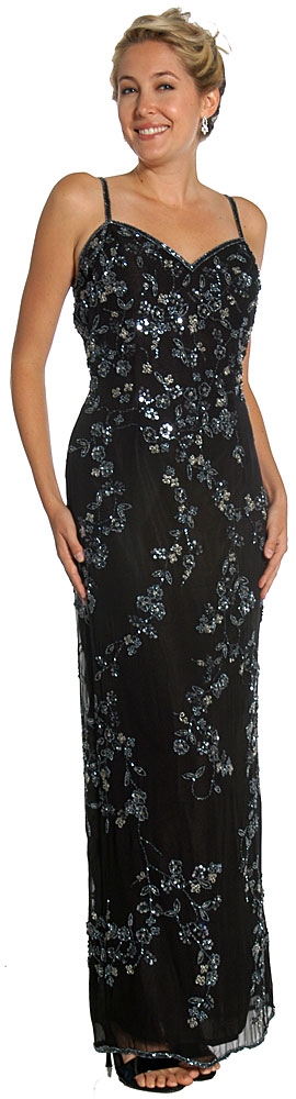 Floral Spaghetti Beaded Evening Dress with Jacket — Black/Silver without Jacket.