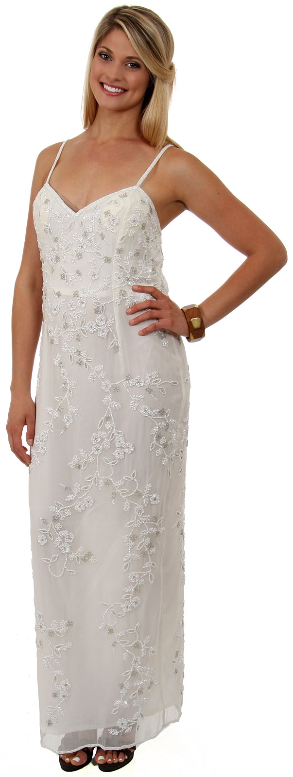 Floral Spaghetti Beaded Evening Dress with Jacket — Ivory/Silver without Jacket