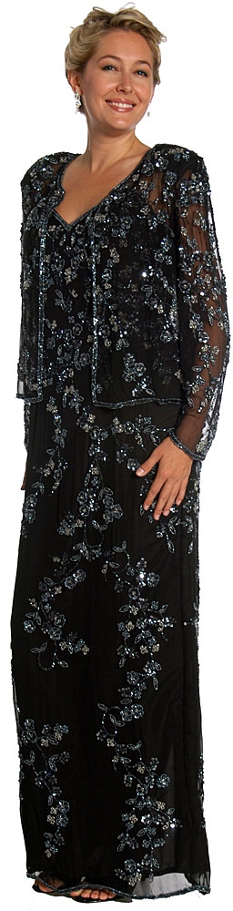 Floral Spaghetti Beaded Evening Dress with Jacket — Black/Silver with Jacket