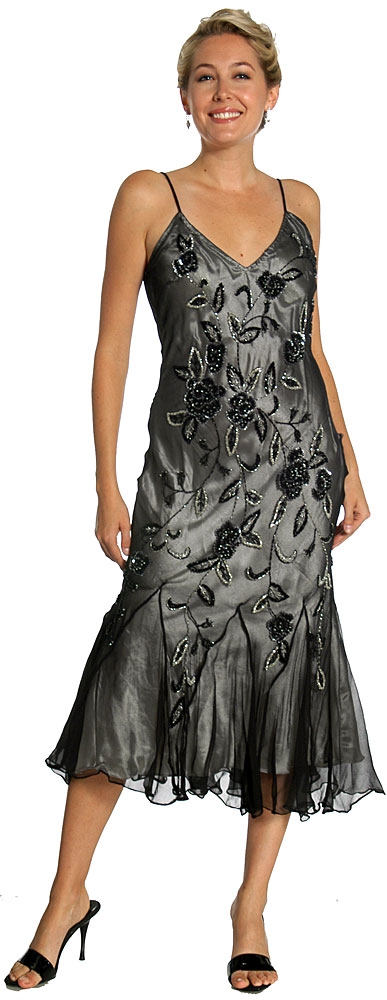 Medium Length Flared Beaded Formal Cocktail Dress