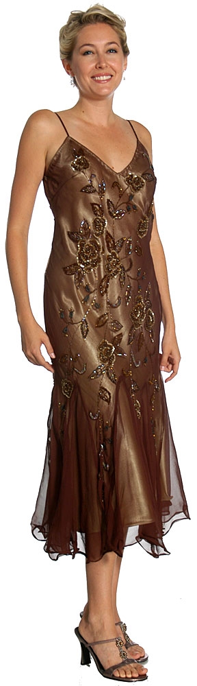 Medium Length Flared Beaded Formal Cocktail Dress — in Brown color