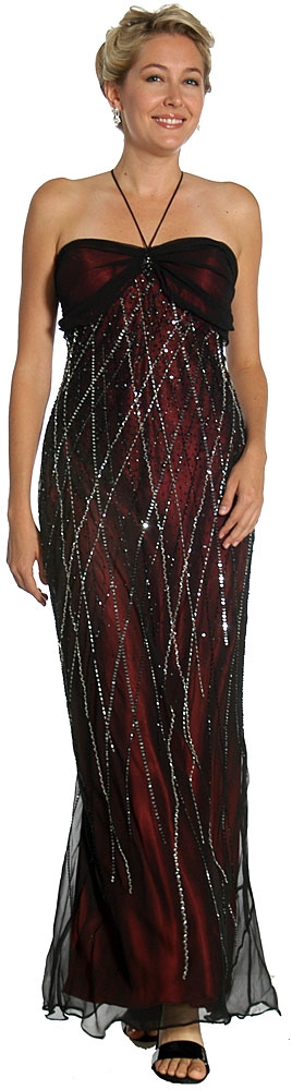 Shirred Bodice Beaded Long Formal Prom Dress — in Black/Burgundy color