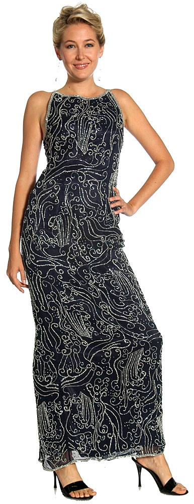 Boat Neck Long Formal Dress with Artistic Beaded Design — in Navy