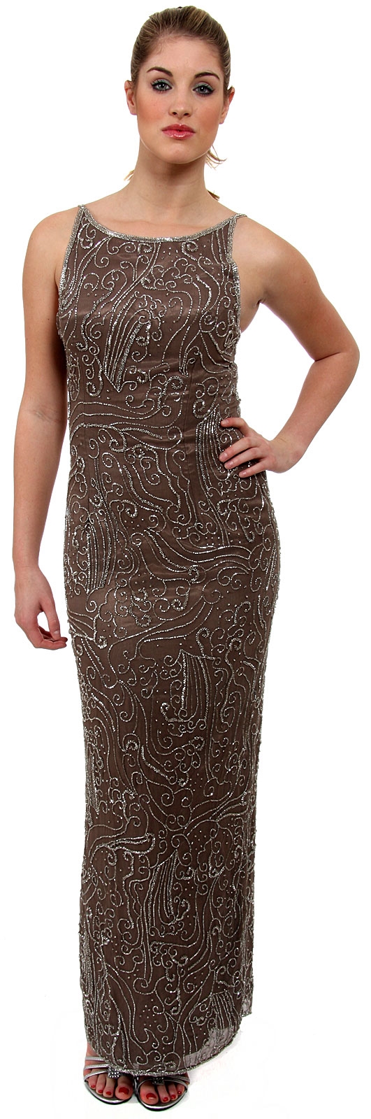 Boat Neck Long Formal Dress with Artistic Beaded Design