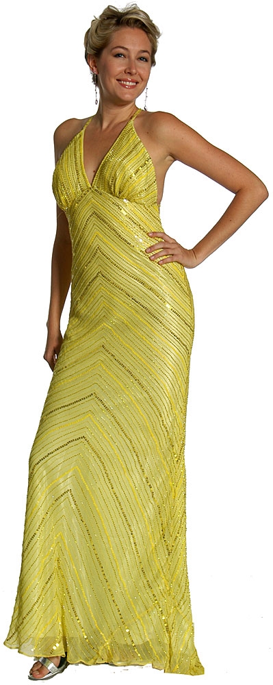 Crossed Bare Back Multi Beaded Formal Gown — in Yellow Gold