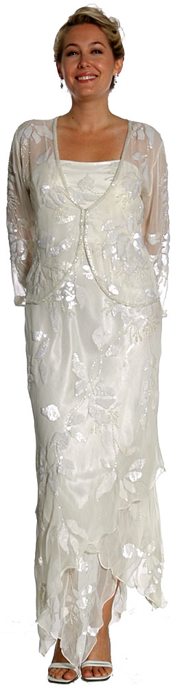 Mettalic Leafy Formal Mother of the Bride Dress with Jacket — in Ivory color with Jacket